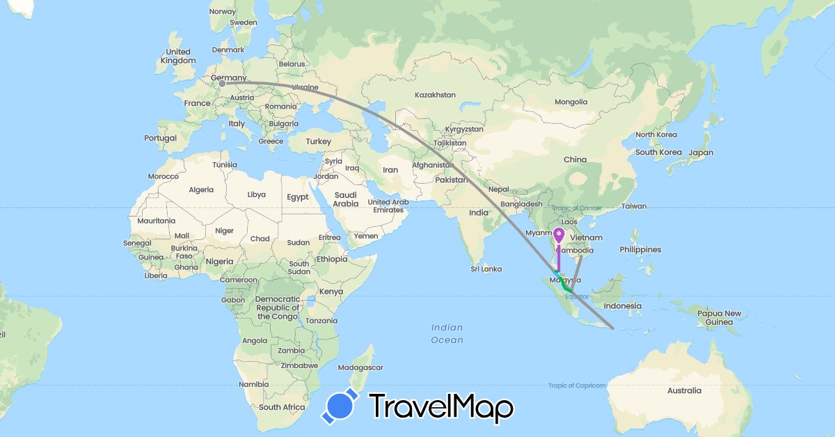 TravelMap itinerary: bus, plane, train, boat in Germany, Indonesia, Malaysia, Singapore, Thailand, Vietnam (Asia, Europe)
